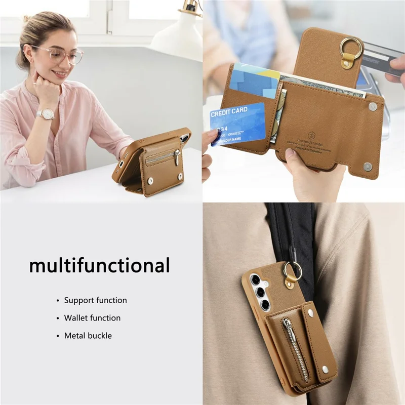 For Samsung Galaxy A35 5G Case D-Ring Holder Leather + PC + TPU Phone Cover with Wallet Kickstand - Brown