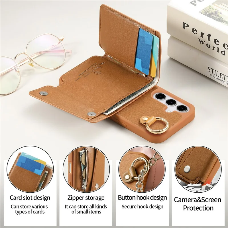 For Samsung Galaxy A35 5G Case D-Ring Holder Leather + PC + TPU Phone Cover with Wallet Kickstand - Brown