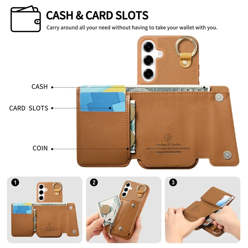 For Samsung Galaxy A35 5G Case D-Ring Holder Leather + PC + TPU Phone Cover with Wallet Kickstand - Brown