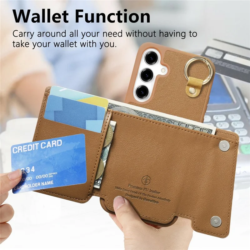 For Samsung Galaxy A35 5G Case D-Ring Holder Leather + PC + TPU Phone Cover with Wallet Kickstand - Brown