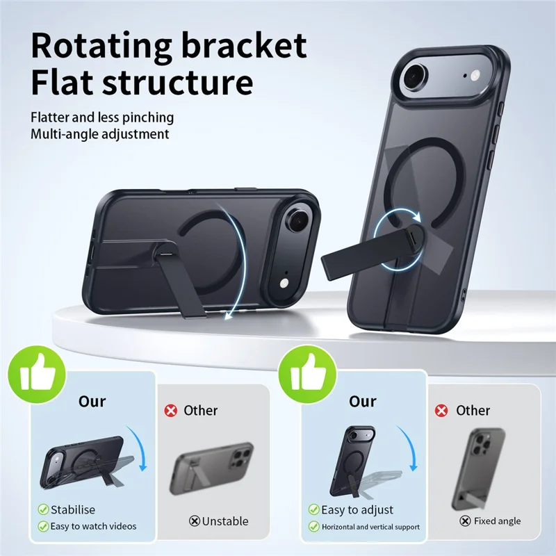 Funda de Aire para iPhone Compatible con MagSafe Soporte Giratorio Recto TPU + Cubierta de Teléfono Mate PC - Negro