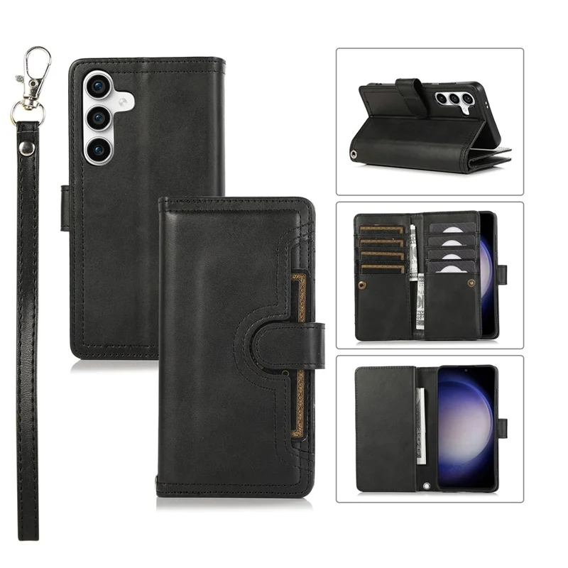 For Samsung Galaxy S26 Case Split Leather Magnetic Wallet Phone Protector with Wrist Strap - Black
