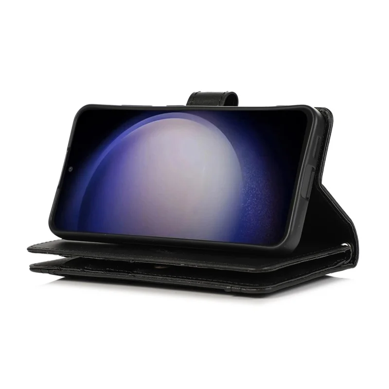 For Samsung Galaxy S26 Case Split Leather Magnetic Wallet Phone Protector with Wrist Strap - Black