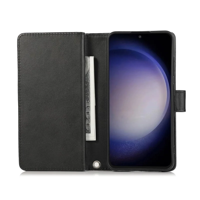 For Samsung Galaxy S26 Case Split Leather Magnetic Wallet Phone Protector with Wrist Strap - Black