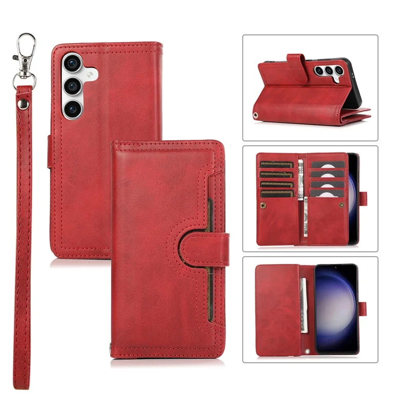 Für Samsung Galaxy S26+ Hülle Spaltleder Magnetische Geldbörse Handyschutzhülle mit Handgelenkriemen - Rot