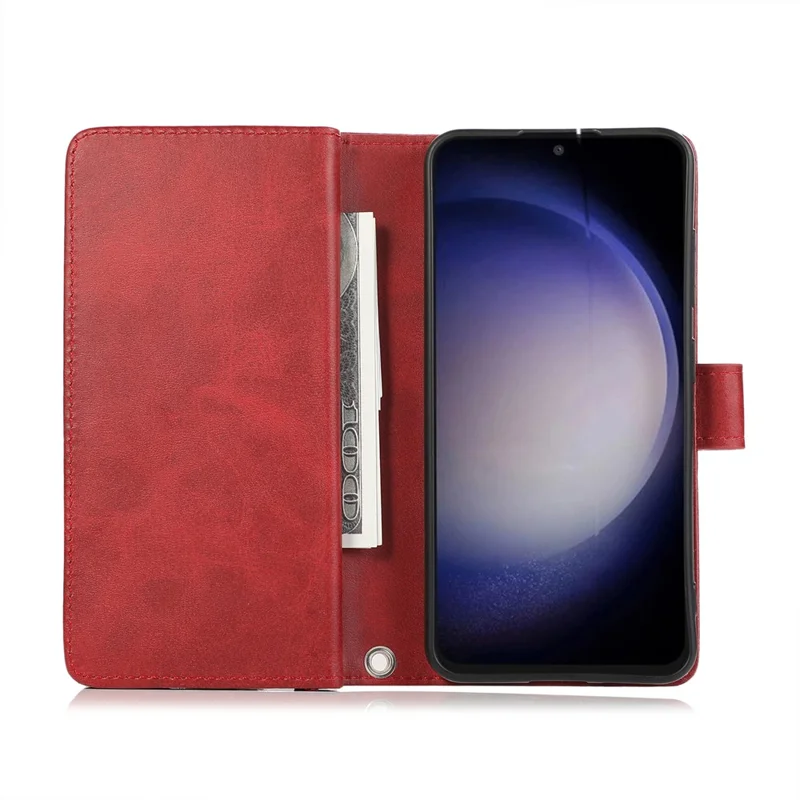 Für Samsung Galaxy S26+ Hülle Spaltleder Magnetische Geldbörse Handyschutzhülle mit Handgelenkriemen - Rot