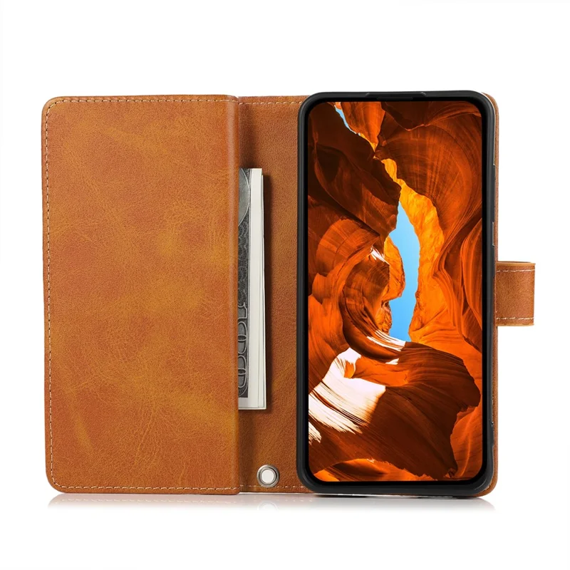 For Samsung Galaxy S26 Ultra Case Split Leather Magnetic Wallet Phone Protector with Wrist Strap - Brown