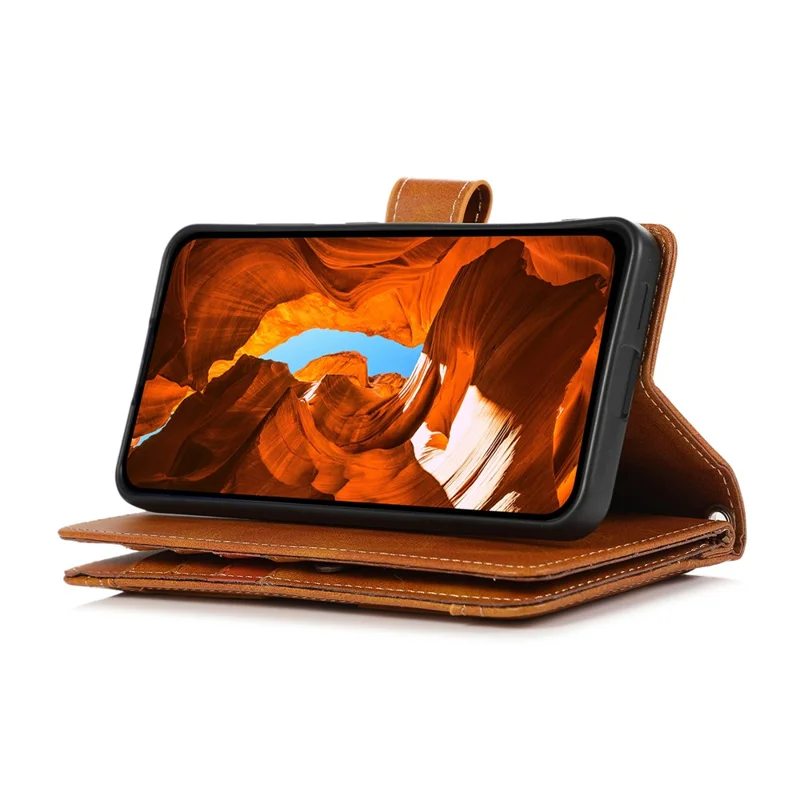 For Samsung Galaxy S26 Ultra Case Split Leather Magnetic Wallet Phone Protector with Wrist Strap - Brown