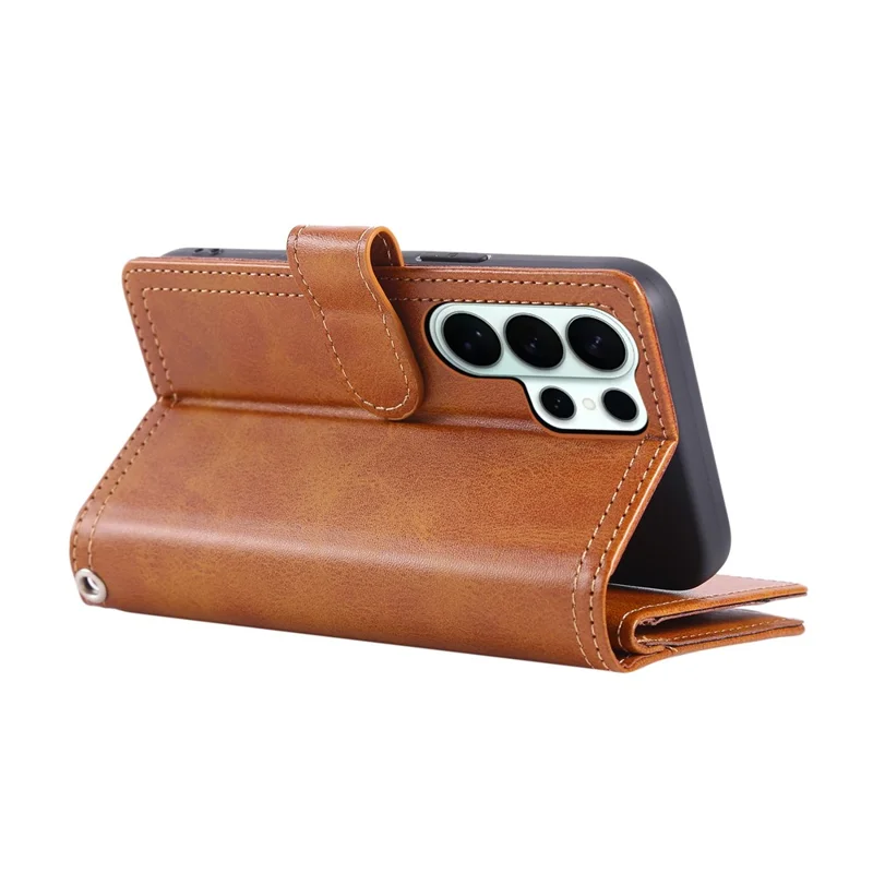 For Samsung Galaxy S26 Ultra Case Split Leather Magnetic Wallet Phone Protector with Wrist Strap - Brown
