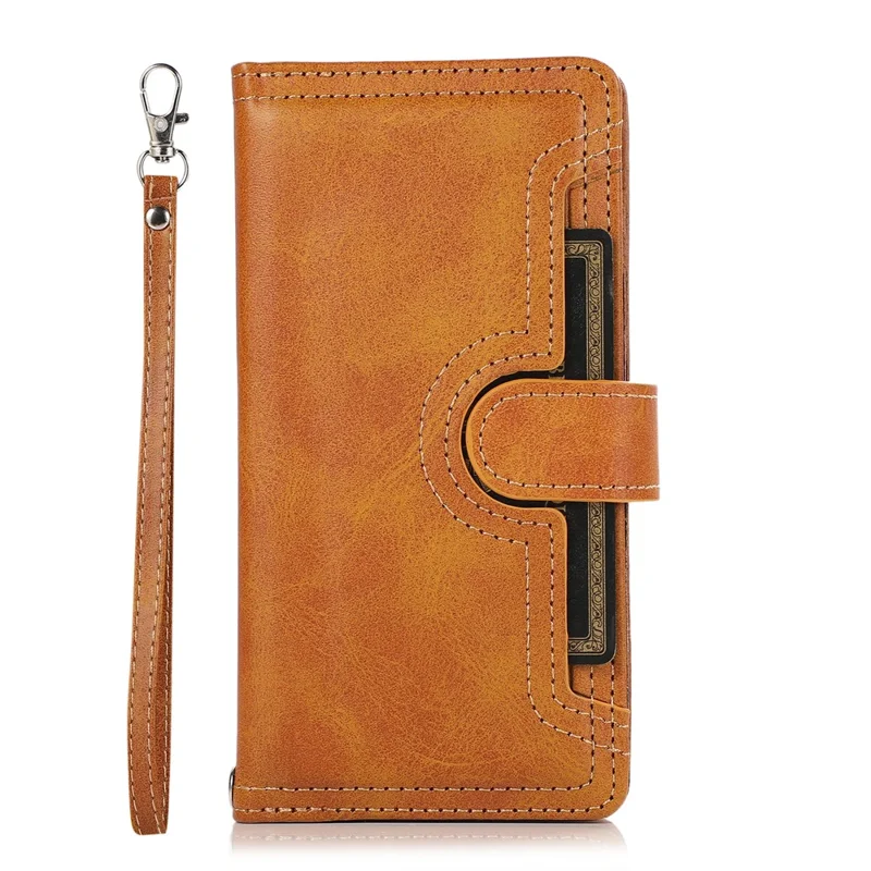 For Samsung Galaxy S26 Ultra Case Split Leather Magnetic Wallet Phone Protector with Wrist Strap - Brown