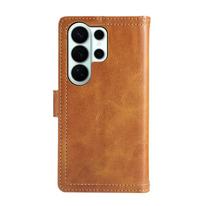 For Samsung Galaxy S26 Ultra Case Split Leather Magnetic Wallet Phone Protector with Wrist Strap - Brown