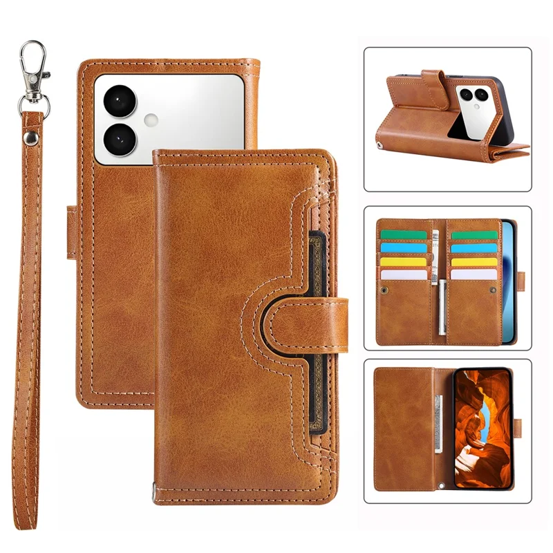 Samsung Galaxy S26 Edge Custodia in Pelle Spaccata Magnetica Protettore di Telefono con Cinturino per il Polso - Marrone