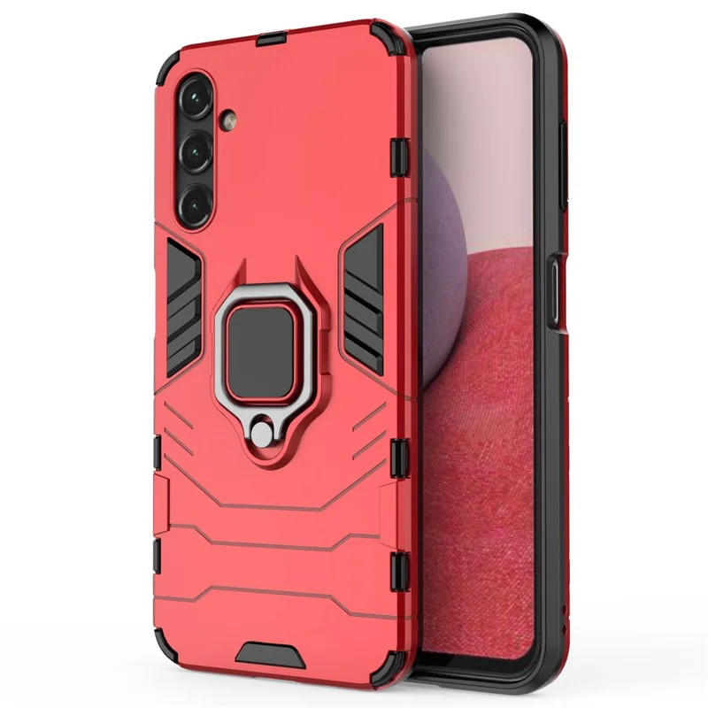 For Samsung Galaxy A14 5G / A14 4G Armor Shockproof Hard PC Soft TPU Ring Holder Kickstand Phone Case Protective Cover - Red