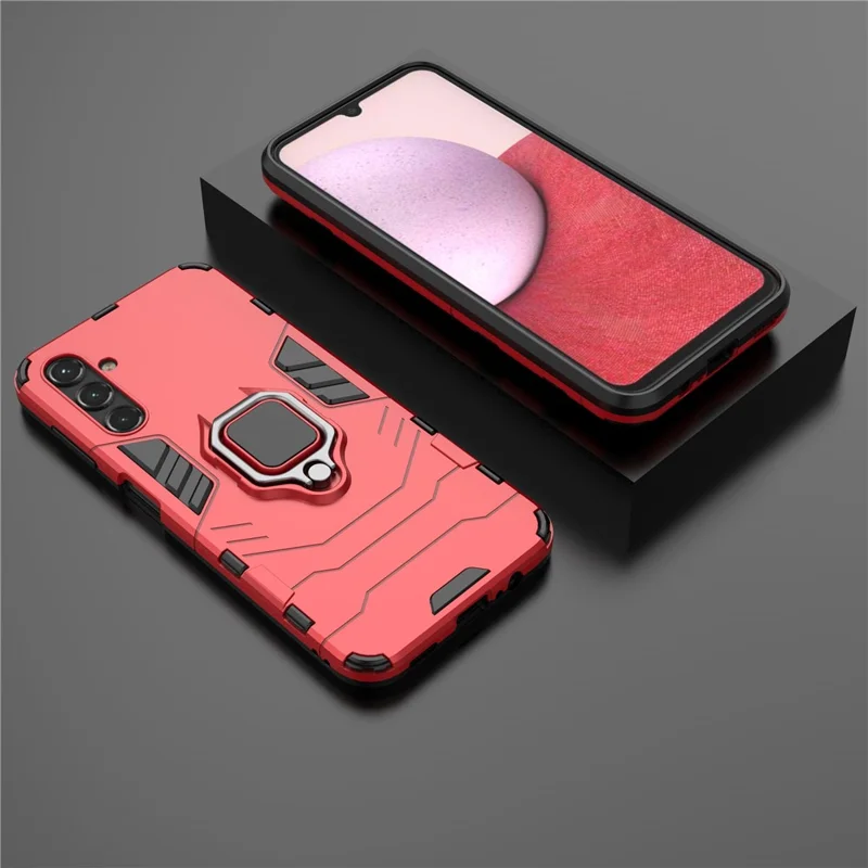For Samsung Galaxy A14 5G / A14 4G Armor Shockproof Hard PC Soft TPU Ring Holder Kickstand Phone Case Protective Cover - Red