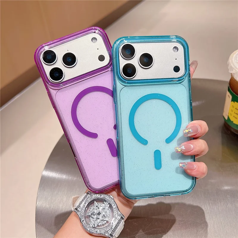 Capa para iPhone 17 Pro Compatível com MagSafe, Transparente com Glitter, Antichoque, Capa Traseira de PC - Azul Céu