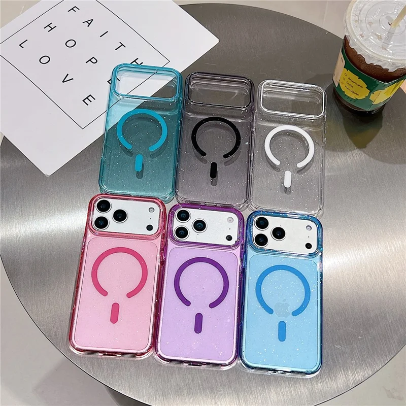 Capa para iPhone 17 Pro Compatível com MagSafe, Transparente com Glitter, Antichoque, Capa Traseira de PC - Azul Céu