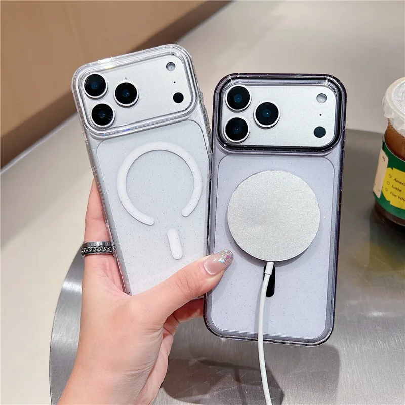 For iPhone 17 Pro Case Compatible with MagSafe Clear Glitter Shockproof PC Phone Back Cover - Purple