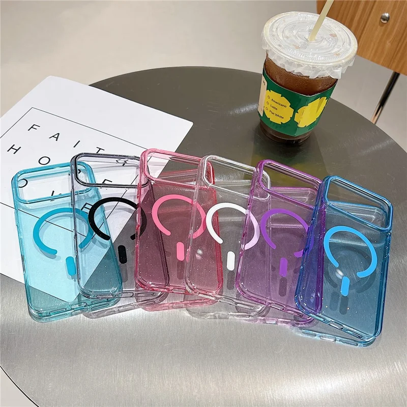 For iPhone 17 Pro Case Compatible with MagSafe Clear Glitter Shockproof PC Phone Back Cover - Purple