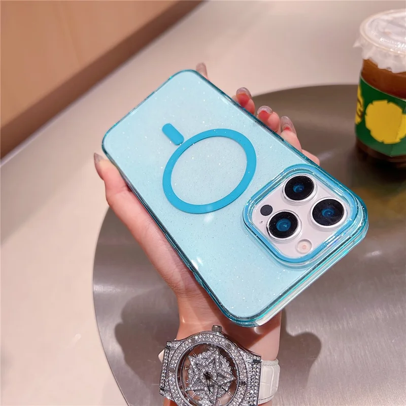Étui pour iPhone 16 Pro Compatible avec MagSafe Coque de téléphone arrière en PC transparent et scintillant - Bleu ciel