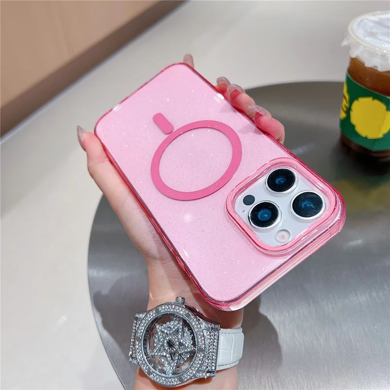 Capa Compatível com iPhone 16 Pro Max com MagSafe, Transparente, Glitter, à Prova de Choque, Capa Traseira de PC - Preta