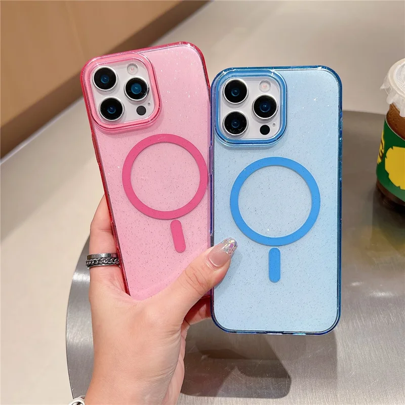 Capa Compatível com iPhone 16 Pro Max com MagSafe, Transparente, Glitter, à Prova de Choque, Capa Traseira de PC - Preta