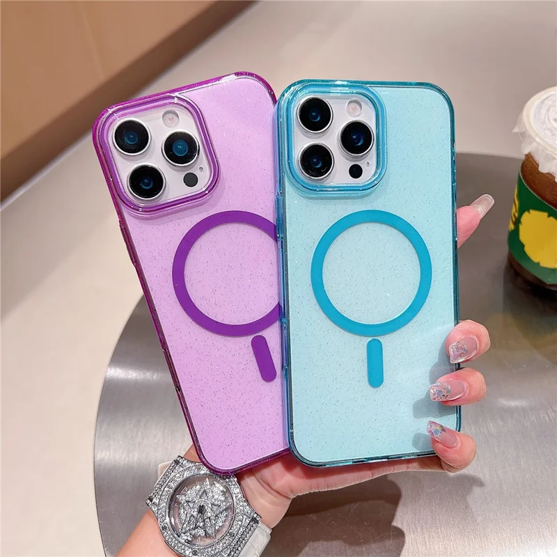 Capa Compatível com iPhone 16 Pro Max com MagSafe, Transparente, Glitter, à Prova de Choque, Capa Traseira de PC - Preta