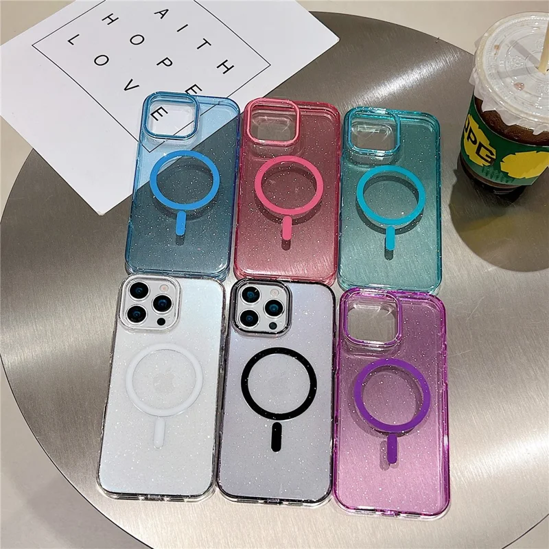 Capa Compatível com iPhone 16 Pro Max com MagSafe, Transparente, Glitter, à Prova de Choque, Capa Traseira de PC - Preta