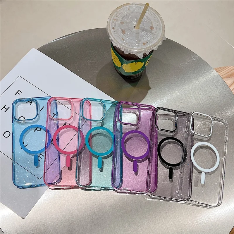 Capa Compatível com iPhone 16 Pro Max com MagSafe, Transparente, Glitter, à Prova de Choque, Capa Traseira de PC - Preta