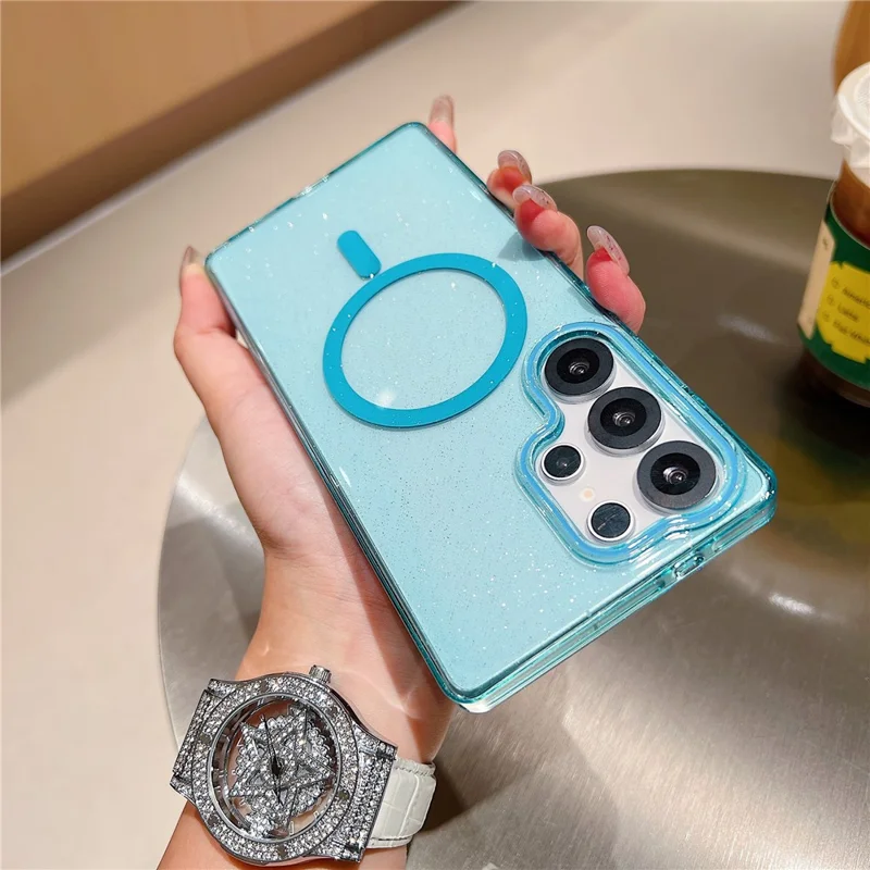 Capa Samsung Galaxy S25 Ultra Compatível com MagSafe Glitter Transparente Resistente a Choques Capa Traseira de PC - Azul Céu