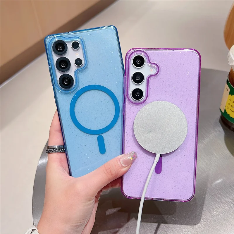 Capa Samsung Galaxy S25 Ultra Compatível com MagSafe Glitter Transparente Resistente a Choques Capa Traseira de PC - Azul Céu