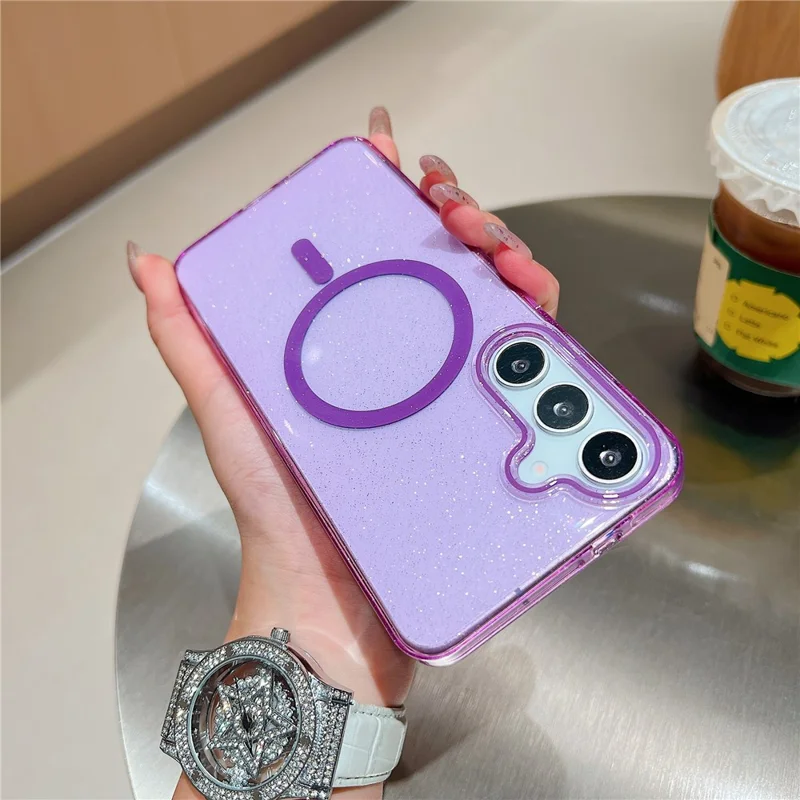 For Samsung Galaxy S25 Ultra Magnetic Case Clear Glitter Shockproof PC Phone Back Cover - Purple