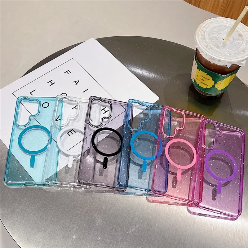 For Samsung Galaxy S25 Ultra Magnetic Case Clear Glitter Shockproof PC Phone Back Cover - Purple