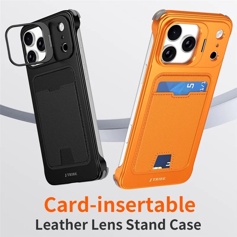 iPhone 17 Pro Max Hülle Lensrahmen Ständer Metallrahmenlos Handyhülle mit Lederkartenslots - Orange