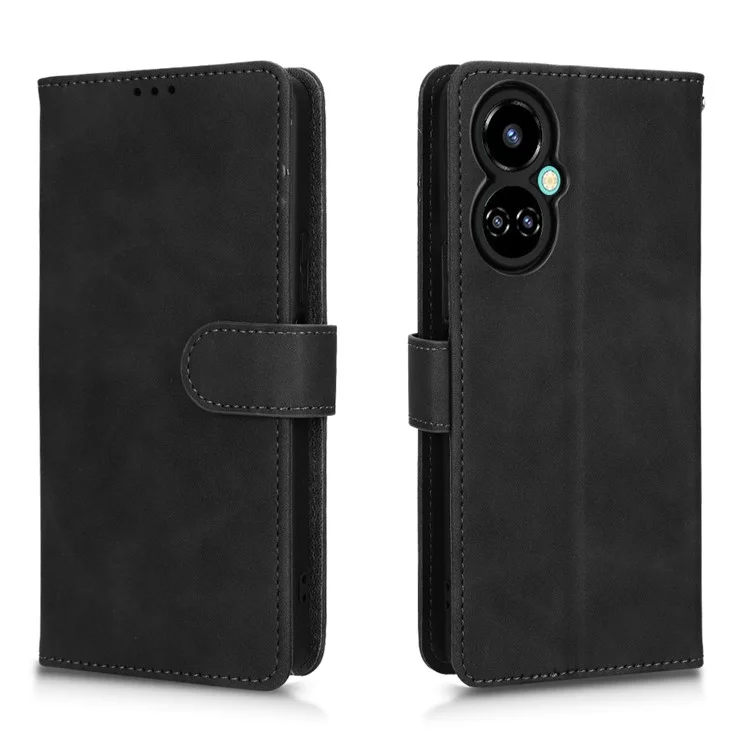 For TECNO Camon 19 4G Skin-Touch Feeling Magnetic Clasp Phone Cover PU Leather Wallet Stand Case - Black