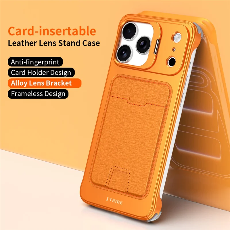 For iPhone 17 Pro Case Lens Frame Kickstand Metal Frameless Phone Cover with Leather Card Slots - Orange