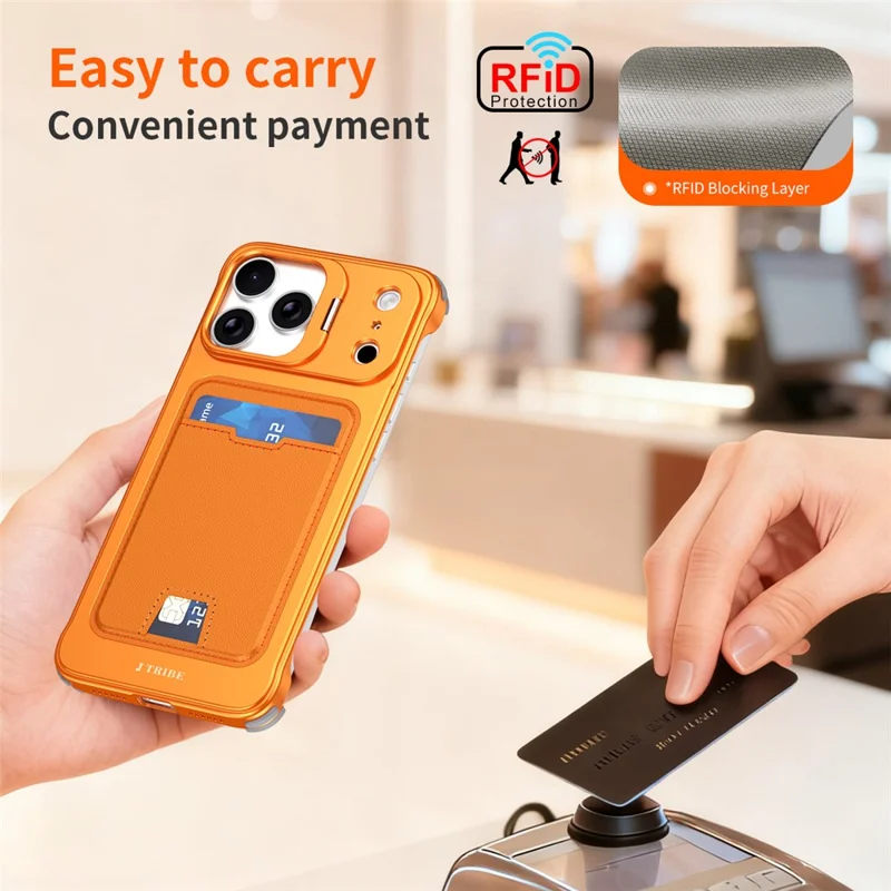For iPhone 17 Pro Case Lens Frame Kickstand Metal Frameless Phone Cover with Leather Card Slots - Orange