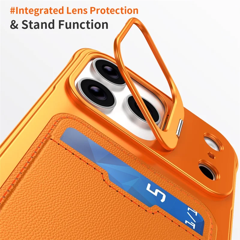 For iPhone 17 Pro Case Lens Frame Kickstand Metal Frameless Phone Cover with Leather Card Slots - Orange