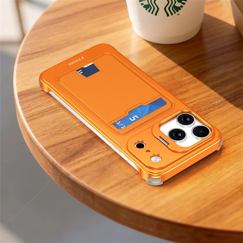 For iPhone 17 Pro Case Lens Frame Kickstand Metal Frameless Phone Cover with Leather Card Slots - Orange