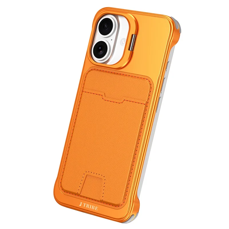 For iPhone 17 Case Lens Frame Kickstand Metal Frameless Phone Cover with Leather Card Slots - Orange