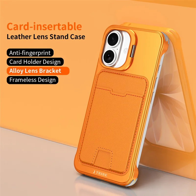For iPhone 17 Case Lens Frame Kickstand Metal Frameless Phone Cover with Leather Card Slots - Orange
