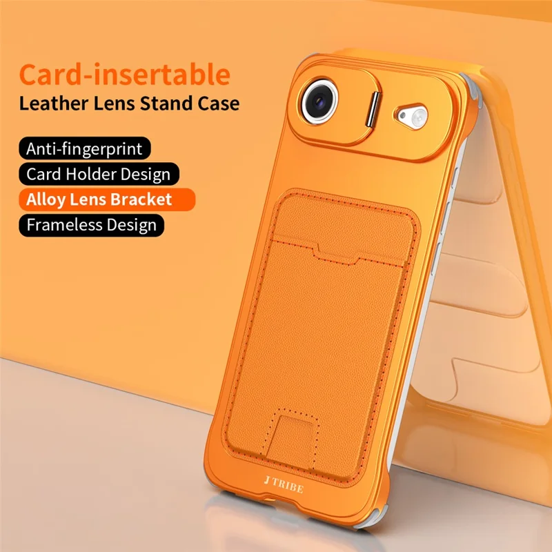 For iPhone Air Case Lens Frame Kickstand Metal Frameless Phone Cover with Leather Card Slots - Orange