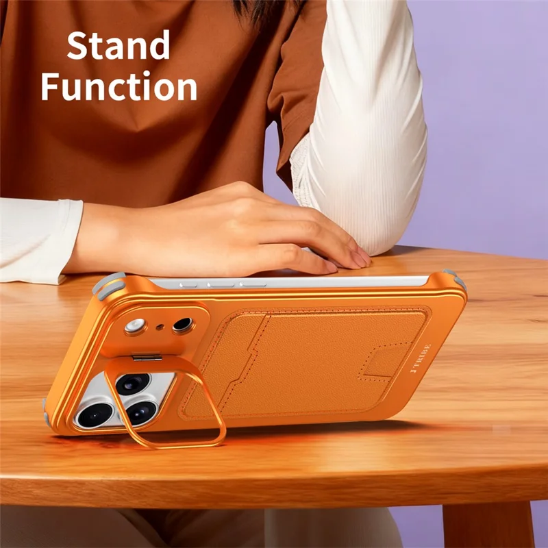 Til iPhone 16 Pro hylse med linsramme, kickstand, metall ramme og lomme i læder til kort – Orange