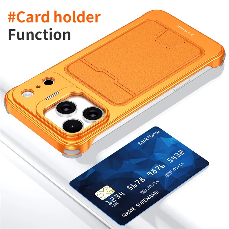 Til iPhone 15 Pro hylse med objektrammehold, metalramme uden kanter og læderværd med kortlommer - Orange