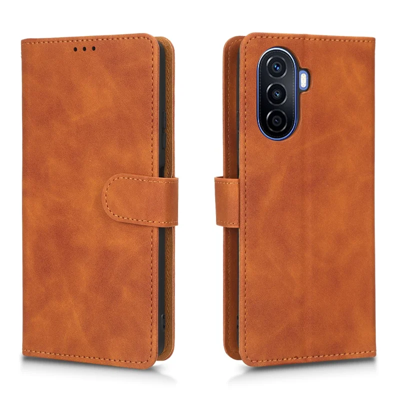 For Huawei nova Y70 4G Skin-touch Feeling Flip Phone Shell Wallet Stand Phone Case Folio PU Leather + TPU Cover - Brown