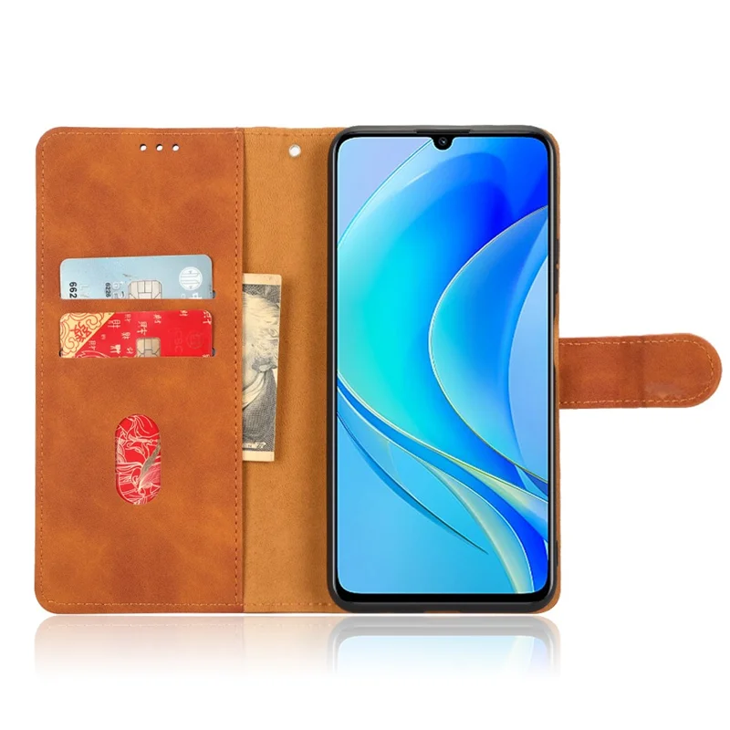 For Huawei nova Y70 4G Skin-touch Feeling Flip Phone Shell Wallet Stand Phone Case Folio PU Leather + TPU Cover - Brown