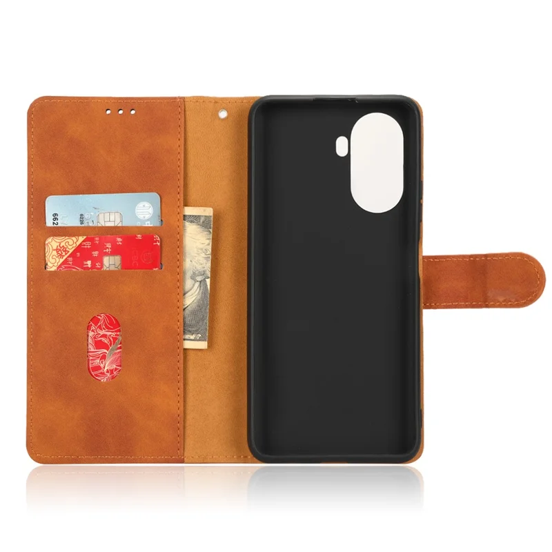 For Huawei nova Y70 4G Skin-touch Feeling Flip Phone Shell Wallet Stand Phone Case Folio PU Leather + TPU Cover - Brown