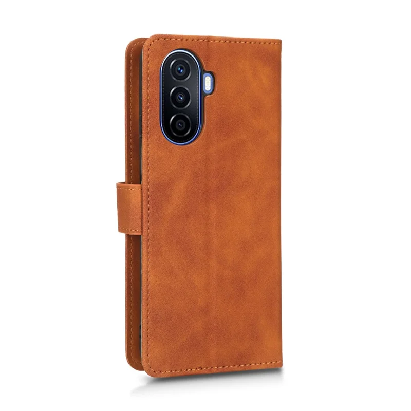 For Huawei nova Y70 4G Skin-touch Feeling Flip Phone Shell Wallet Stand Phone Case Folio PU Leather + TPU Cover - Brown