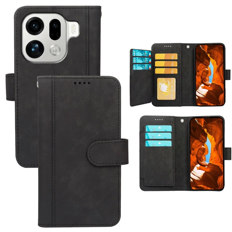 Для Oppo Find X9 Pro 5G Кожаный чехол Линейный узор Чехол-кошелек с 9 слотами для карт - Черный