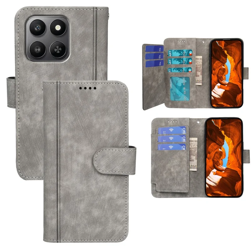 Leather Case For Honor 400 Smart 4G / 400 Smart 5G / X7d 5G / X7d 4G Line Pattern Wallet Phone Cover with 9 Card Slots - Grey