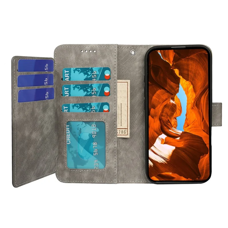 Leather Case For Honor 400 Smart 4G / 400 Smart 5G / X7d 5G / X7d 4G Line Pattern Wallet Phone Cover with 9 Card Slots - Grey